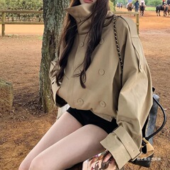 卡其色立领短款风衣女初秋新款春秋小个子高级感双排扣英伦风外套
