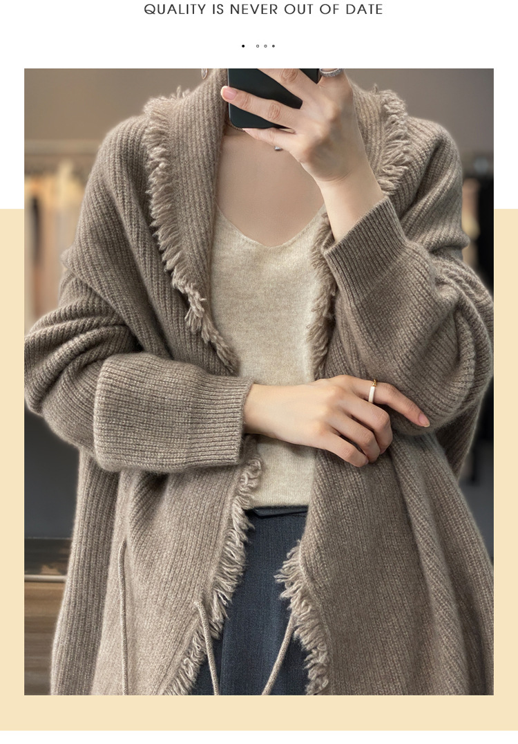 Damenbekleidung Western-Stil mittellange Strickjacke für Damen 2024 Herbst neuer fauler lockerer großer Schalpullovermantel_voghion.com