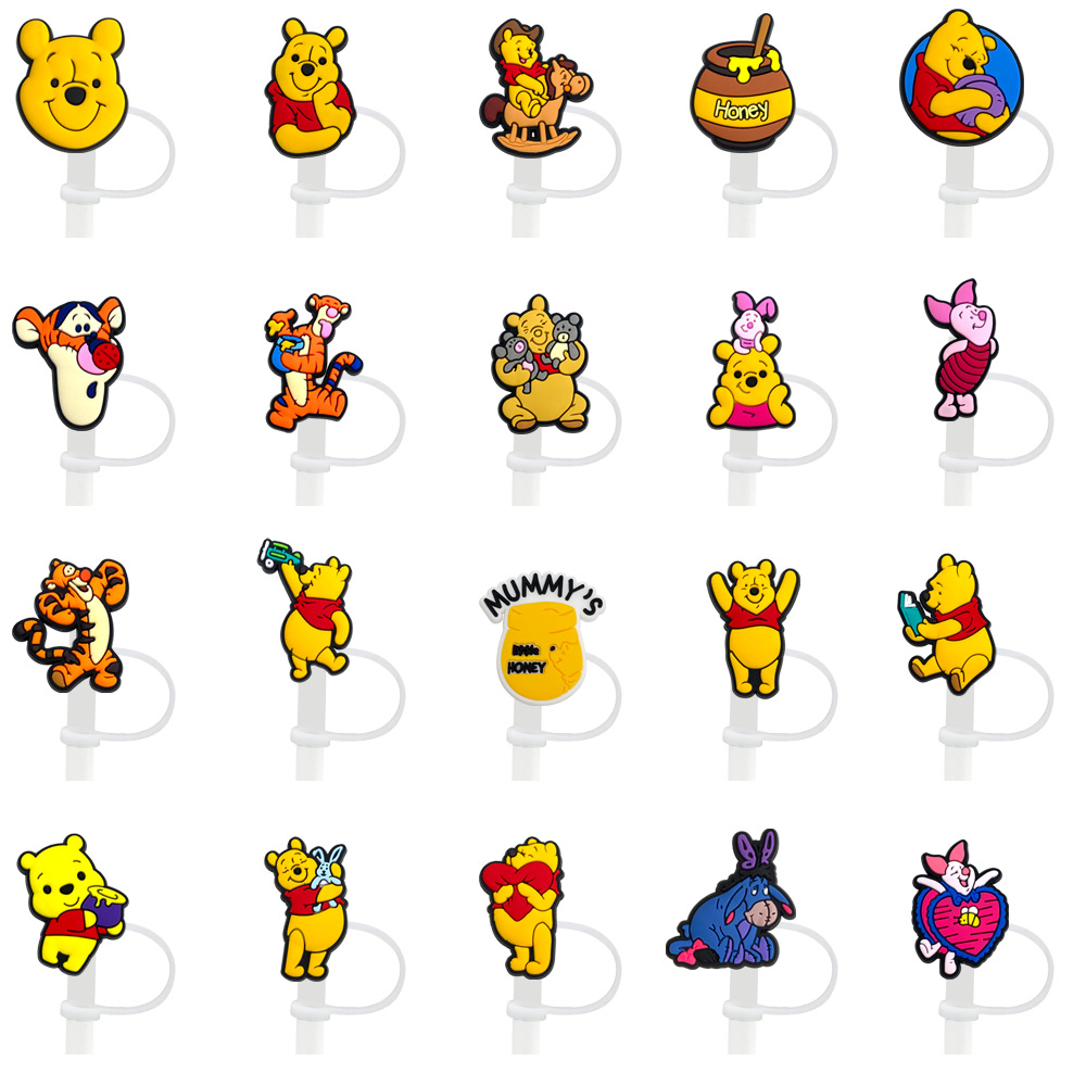 8-10mm Winnie the Pooh tapa de pajita tapón de pajita tapa a prueba de polvo accesorios de pajita de dibujos animados goma suave cubierta a prueba de polvo circulable