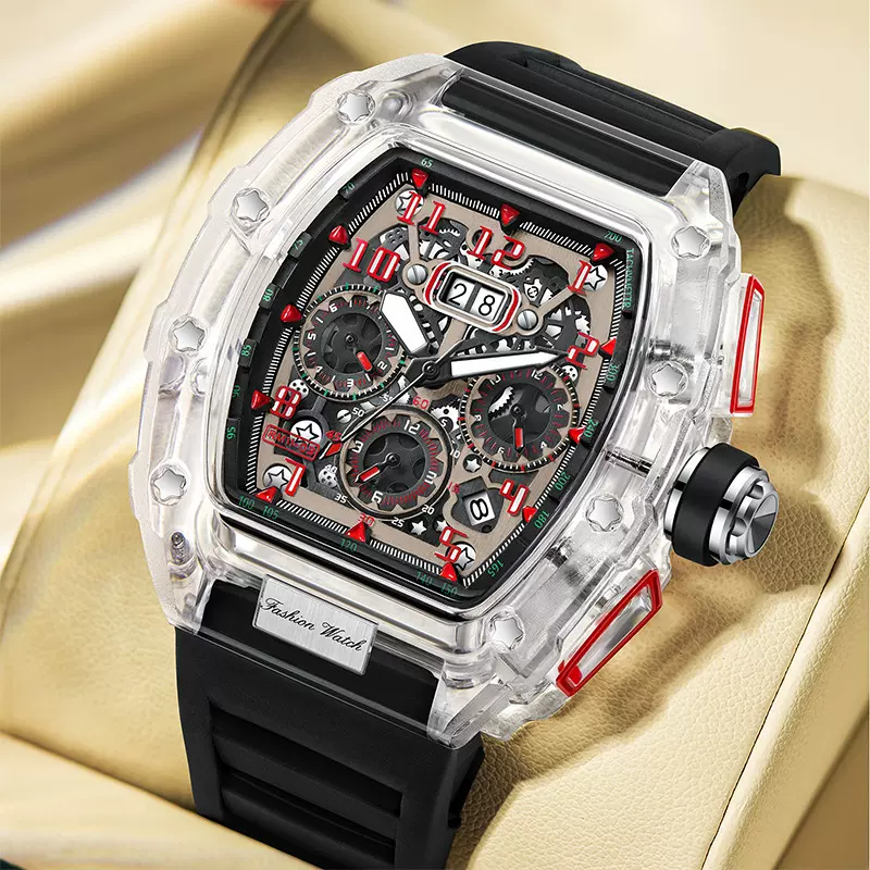 新款金诗顿外贸跨境手表男士运动时尚腕表多功能石英表酒桶形男表