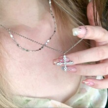 轻奢满钻十字架项链女小众设计双层叠戴高级简约冷淡风锁骨链配饰