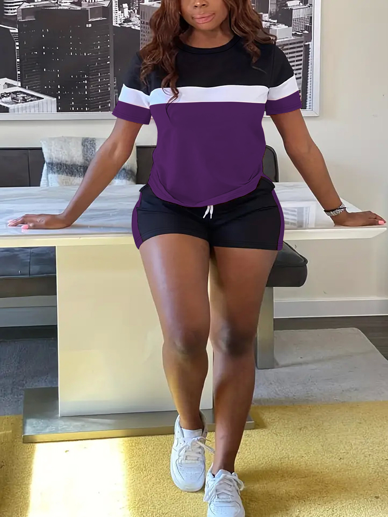 Women's Summer Sportswear Set Fashionable Color Block Crew Neck Short Sleeve T-Shirt Drawstring Shorts 2 Piece Outfit_ecoleips.com
