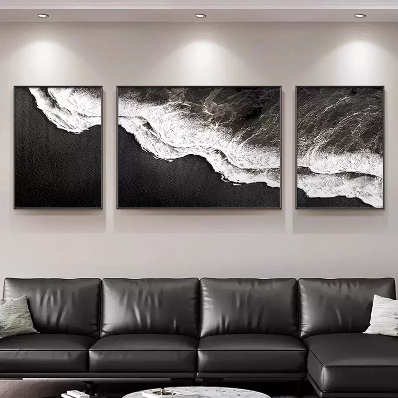 黑色海滩三联客厅装饰画轻奢大气沙发背景墙挂画海景图极简风壁画