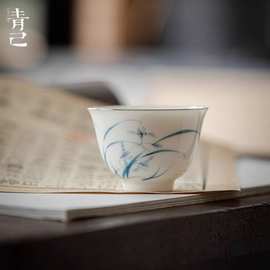 一品仟堂青己青花手绘描银口品茗杯功夫茶具玉泥薄胎茶杯厂家批发