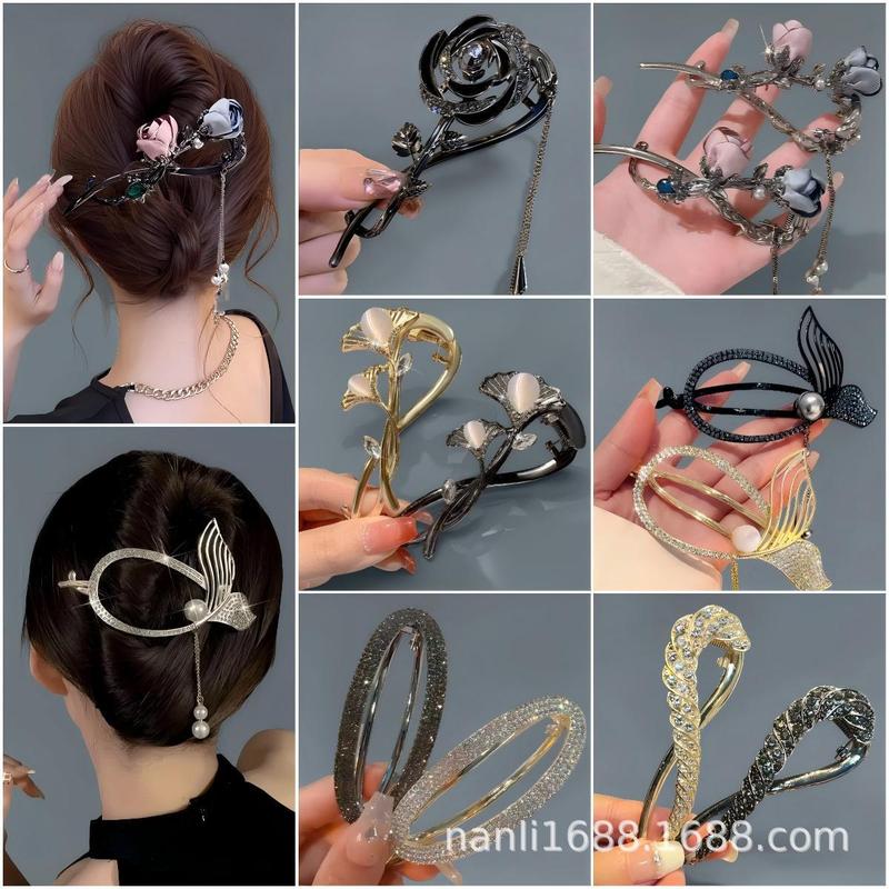 女性用合金多用途ヘアピン、軽くて豪華な後頭部ヘアアクセサリー、アーティファクトグリッパー、フィッシュテールツイストクリップ、ローズヘアピン|undefined