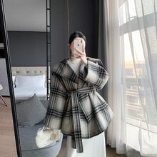 2024新款斗篷毛呢外套中长韩系收腰格子双面呢毛呢大衣女冬其