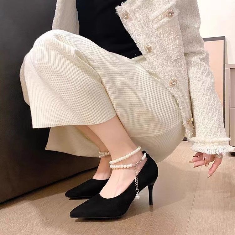 Pointed Toe Pumps 2024 New Model Pearl Suede High-End Fairy Black Thin Heel Non-Slip Strap High Heels For Women_voghion.com