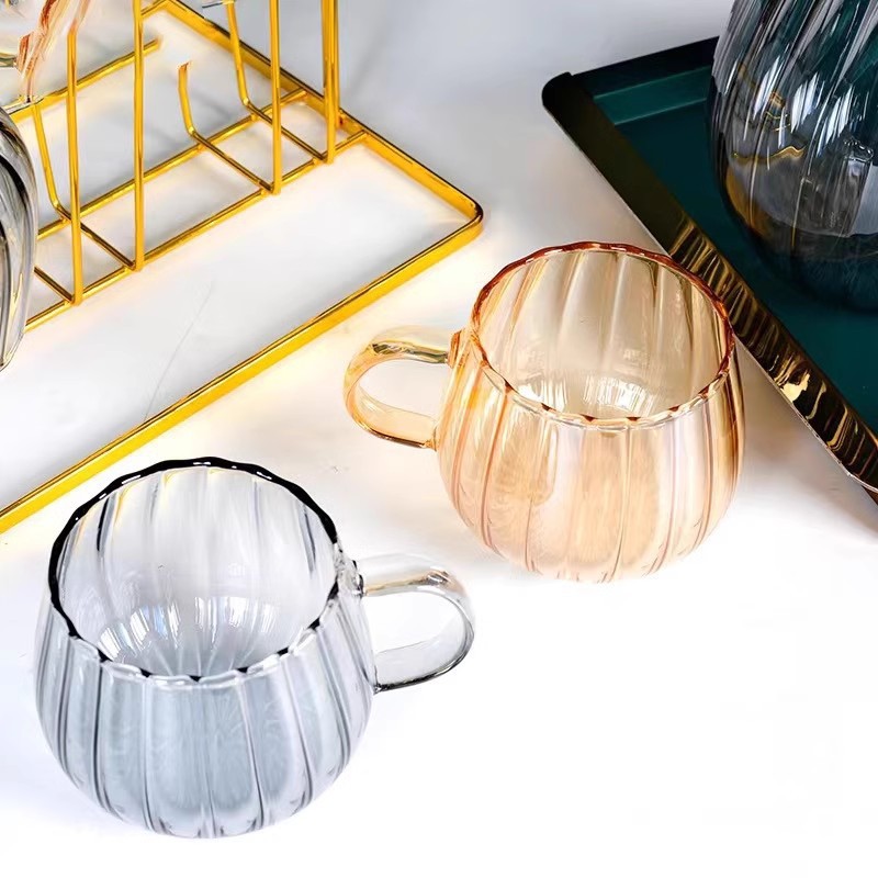 批發家用玻璃咖啡杯豎紋牛奶飲料杯子 加厚帶手柄透明杯耐熱茶杯