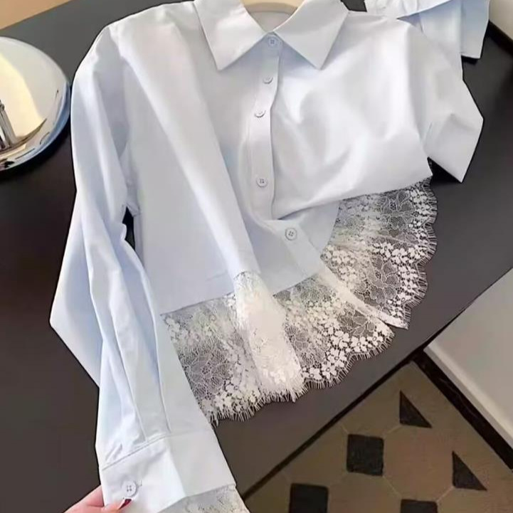 Blue Shirt for Women, Short Design, Niche Style Top with Lace Hem, Elegant Inner Shirt Blue Shirt for Women, Short Design, Niche Style Top with Lace Hem, Elegant Inner Shirt