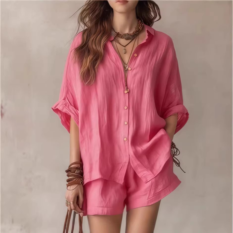 Women's Fashion Casual Suit Solid Color Loose Button Down Shirt And Shorts Spring/Summer New Style Clothing_ecoleips.com