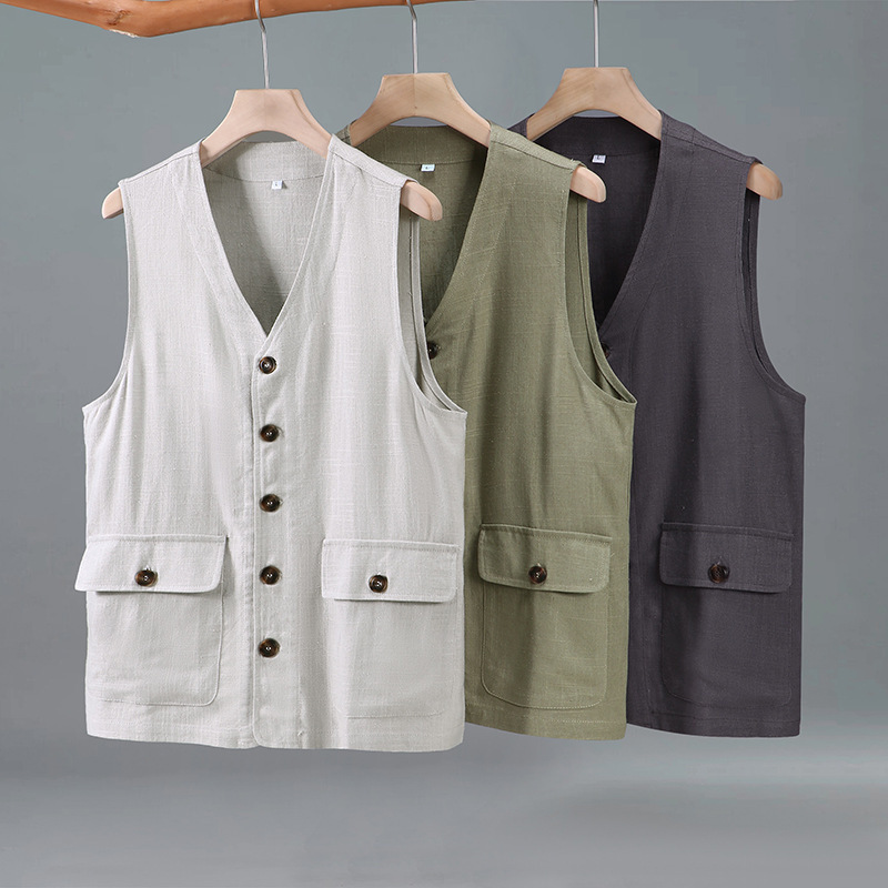 Summer New Cotton and Linen Vest for Men, Thin, Loose, Solid Color, Simple Casual Vest, Single-Breasted Cardigan