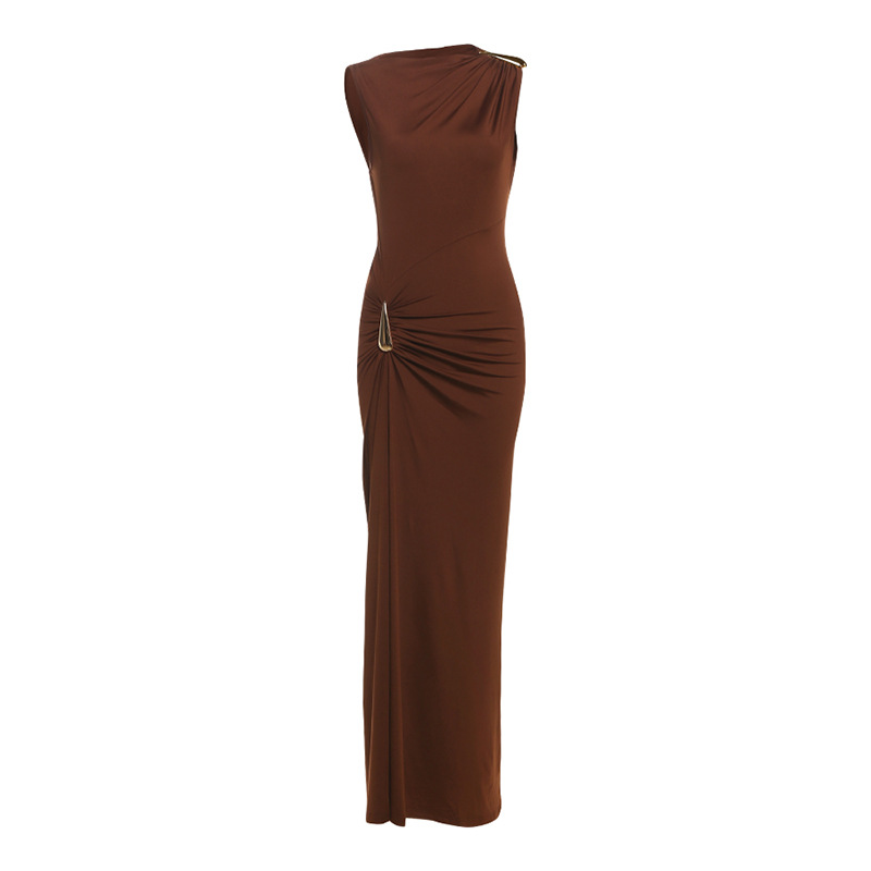 Sleeveless Bodycon Dress Solid Color Metallic Accents Sexy Split Design Autumn Fashion for Women Wholesale Available