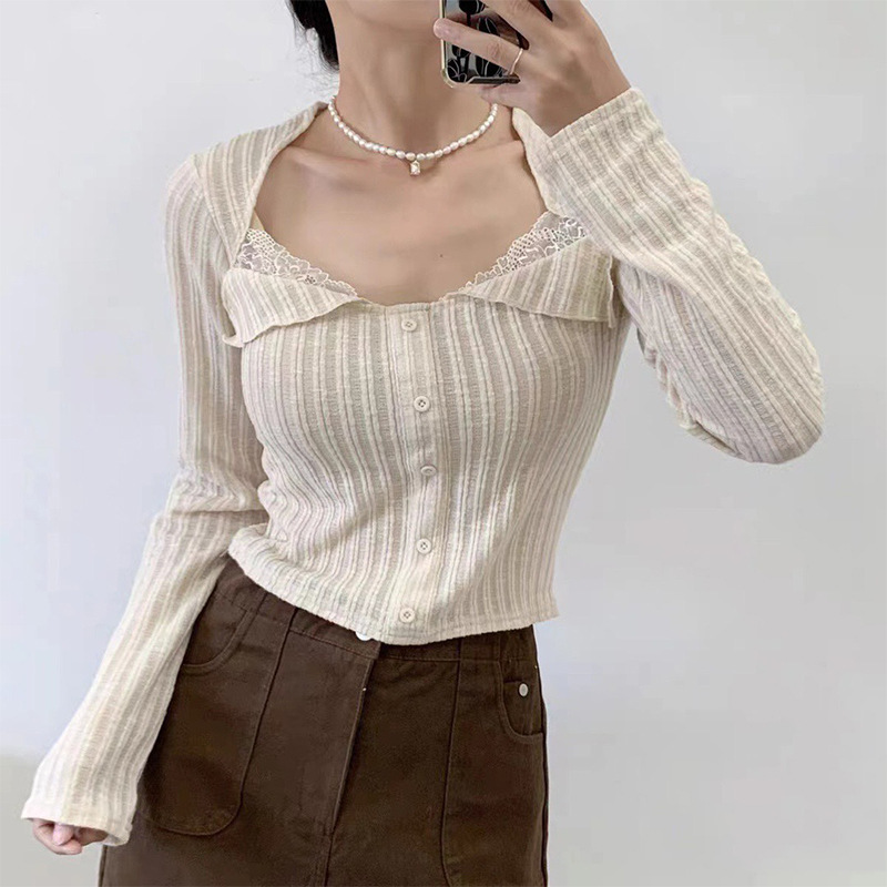 Amazon Foreign Trade Cross-Border New Sexy Lace Patchwork Women's Long-Sleeved Knit Top