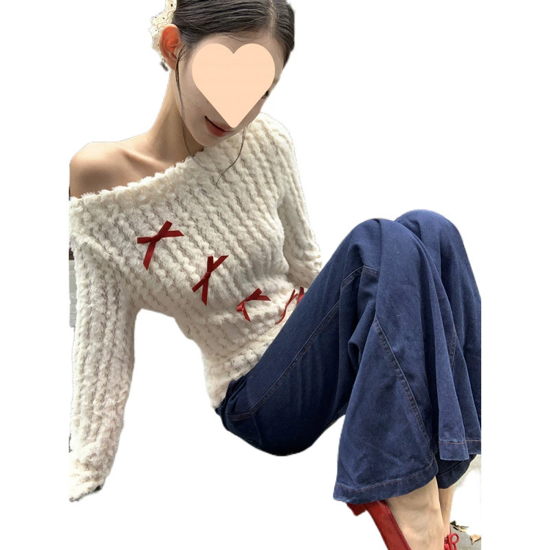 Белый вязаный свитер с длинными рукавами и бантом, осенний дизайн, Slim fit, тренд сезона