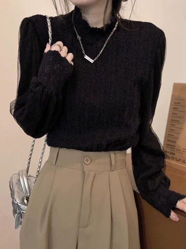 Semi-high-neck lace base shirt for women's autumn and winter new style interior with velvet thick lanterns, long-sleeved shirt
