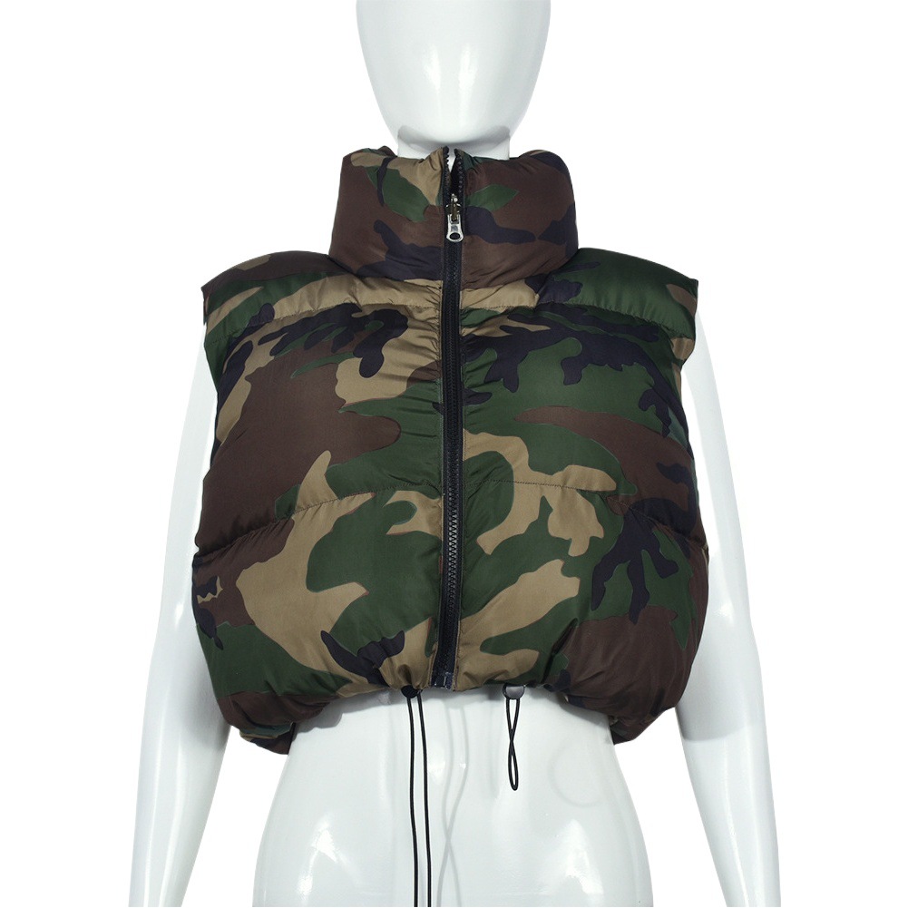 Ropa de mujer europea y americana transfronteriza de Amazon 2025 otoño nueva moda estilo callejero personalidad camuflaje cuello alto chaleco acolchado de algodón