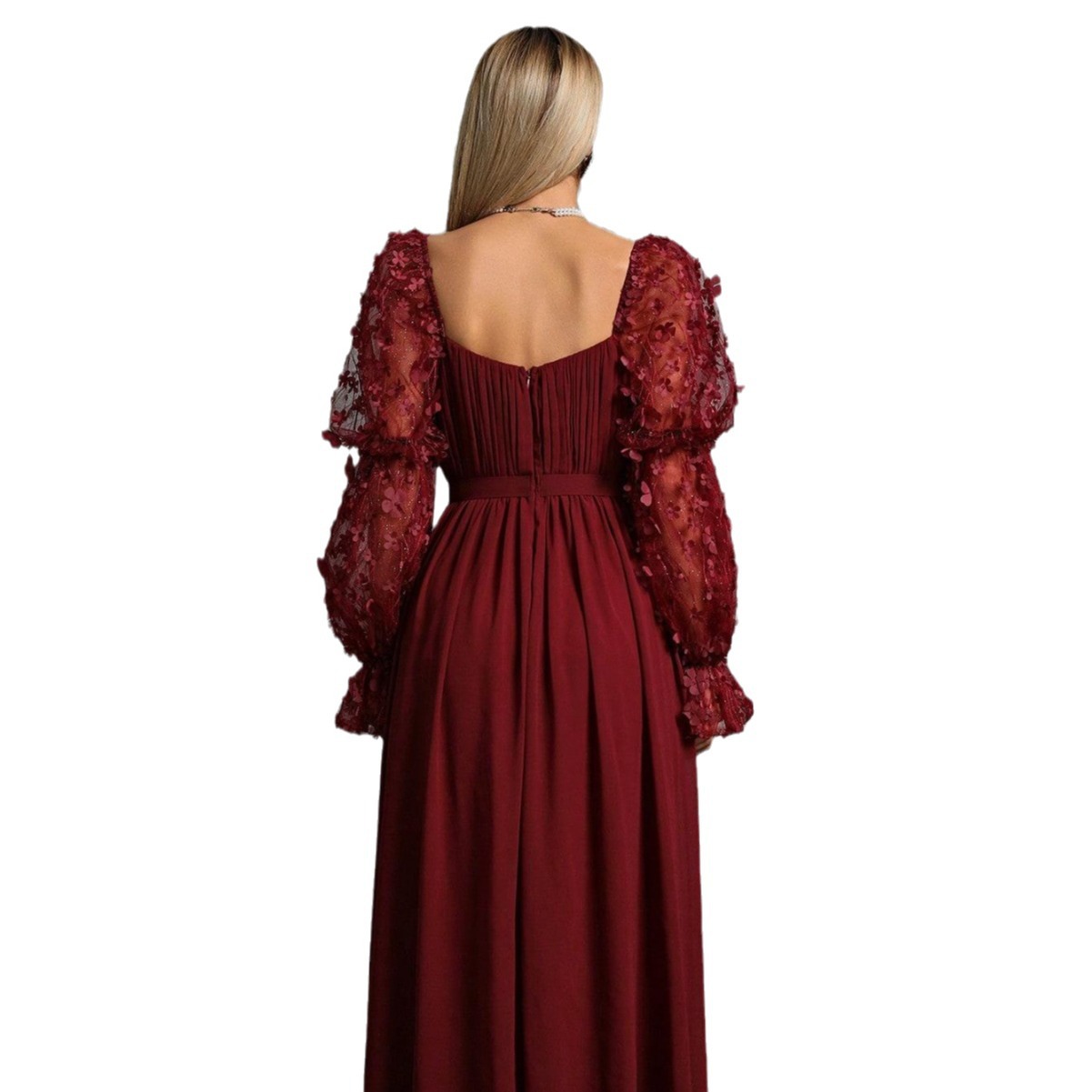 Vestido de noche transfronterizo de Amazon, nuevo vestido elegante y moderno de manga larga con cuello cuadrado de malla para mujer, envío directo de una sola pieza