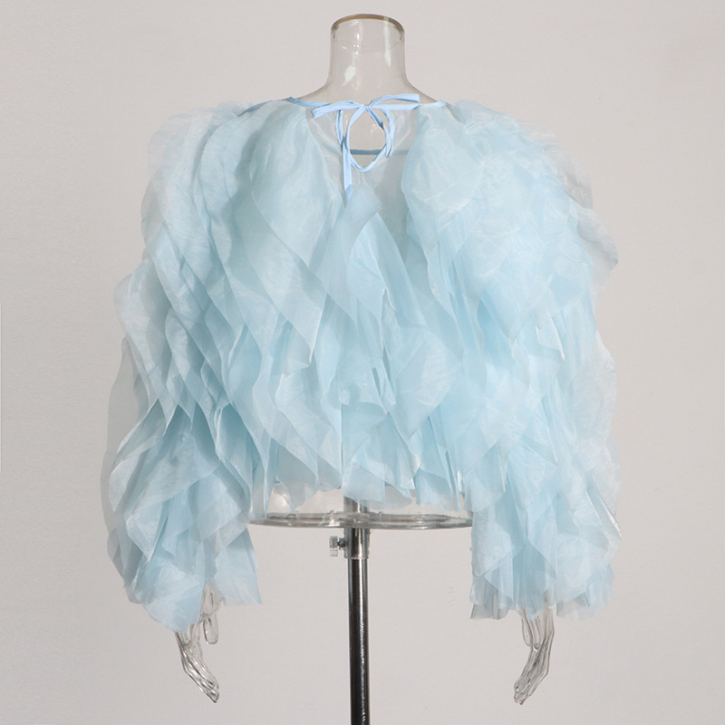 K Elegant Temperament Short Solid Color Top New High-end Round Neck Multi-layer Ruffle Edge Splicing Shirt_voghion.com