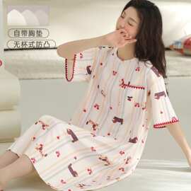 【带胸垫】夏季新款纯棉女短袖睡裙宽松休闲女家居服图片色圆领