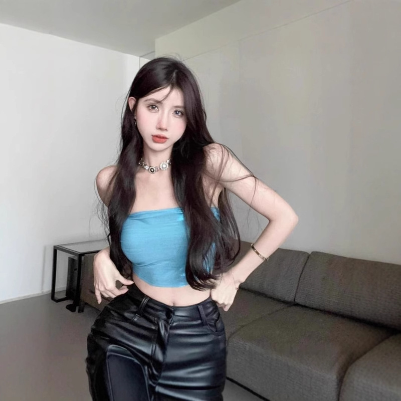 New Summer Top, Sexy Suspender Top, Tight-Fitting Colorful Short Design Tank Top in Lake Blue