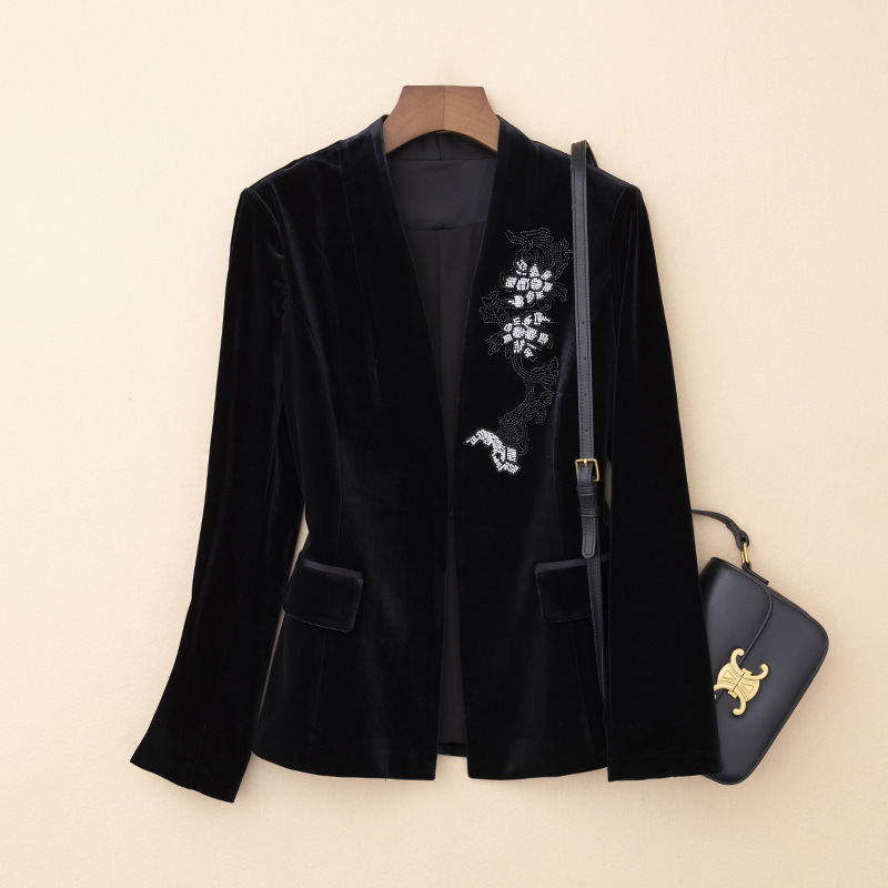 Light Luxury High-end Gold Velvet Heavy Industry Embroidered Suit Jacket Women's V-neck Embroidered String Beads Black Suit Top Women