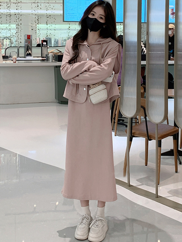 粉色马甲连衣裙套装女春秋新款韩系减龄休闲卫衣裙两件套超火|undefined