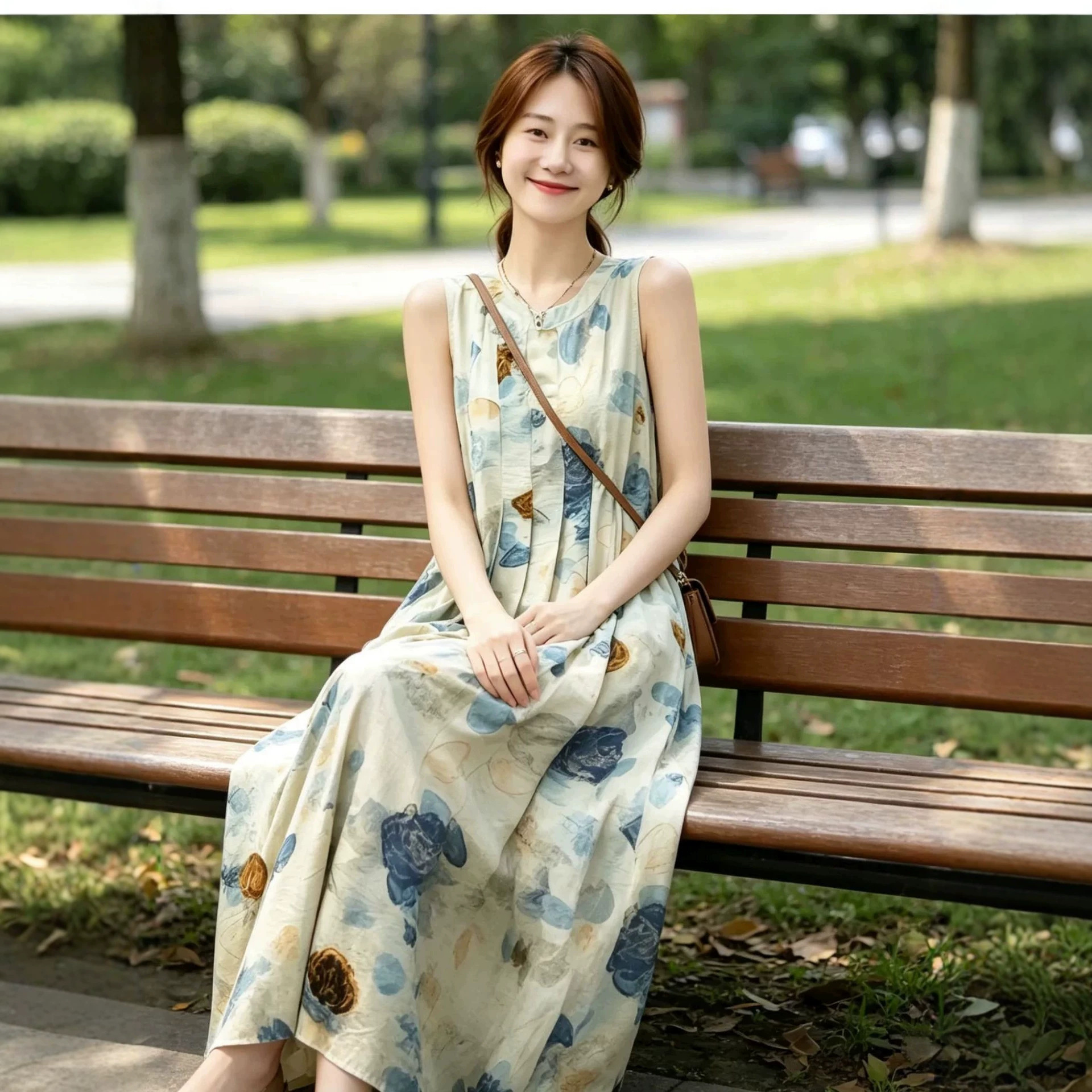 Đầm maxi nữ thắt eo cổ tròn không tay họa tiết hoa nhí — Váy in màu xanh chi tiết 1