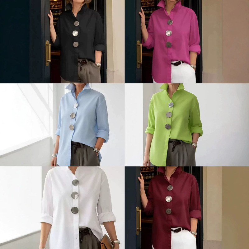 2026 Spring and Summer New Style European and American Independent Site Amazon Aliexpress Solid Color Stand-Up Collar Long-Sleeved Shirt with Metal Buttons