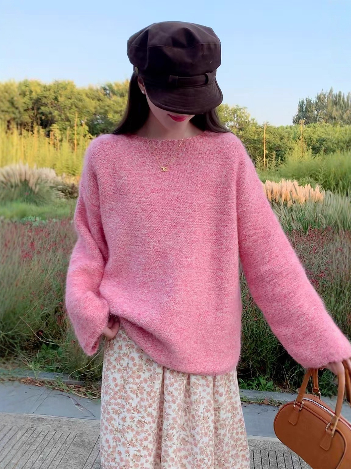 Cross-border coreano otoño y invierno nuevo cuello redondo suelta camisa de punto para mujeres perezosa pluma de color sólido suave glutinosa suéter para mujeres