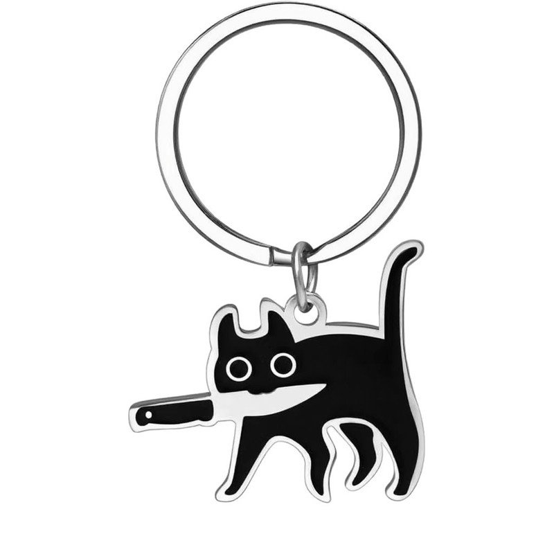 跨境不锈钢卡通叼刀猫咪钥匙扣项链吊坠可爱超酷个性饰品包包挂饰|undefined