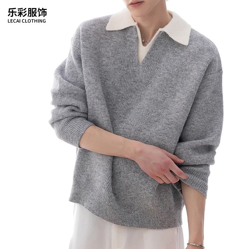 Customized Alpaca Lapel Men's Knitwear Fake Two-Piece Heavyweight High-Quality Men's Comfortable Casual Top