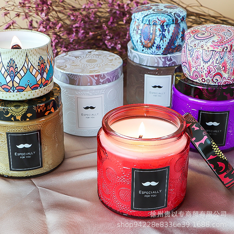 DIY香薰蜡烛杯浮雕空杯彩色花纹玻璃瓶无火香氛玻璃罐无烟蜡烛杯