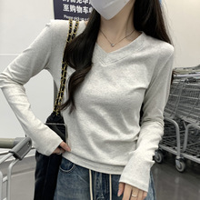 春秋v领薄款纯棉长袖女t恤内搭修身显瘦收腰正肩紧身打底衫上衣冬