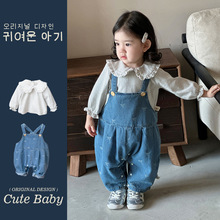 韩版婴儿套装春秋女宝宝a类蝴蝶节牛仔背带裤+打底衫两件套外出服