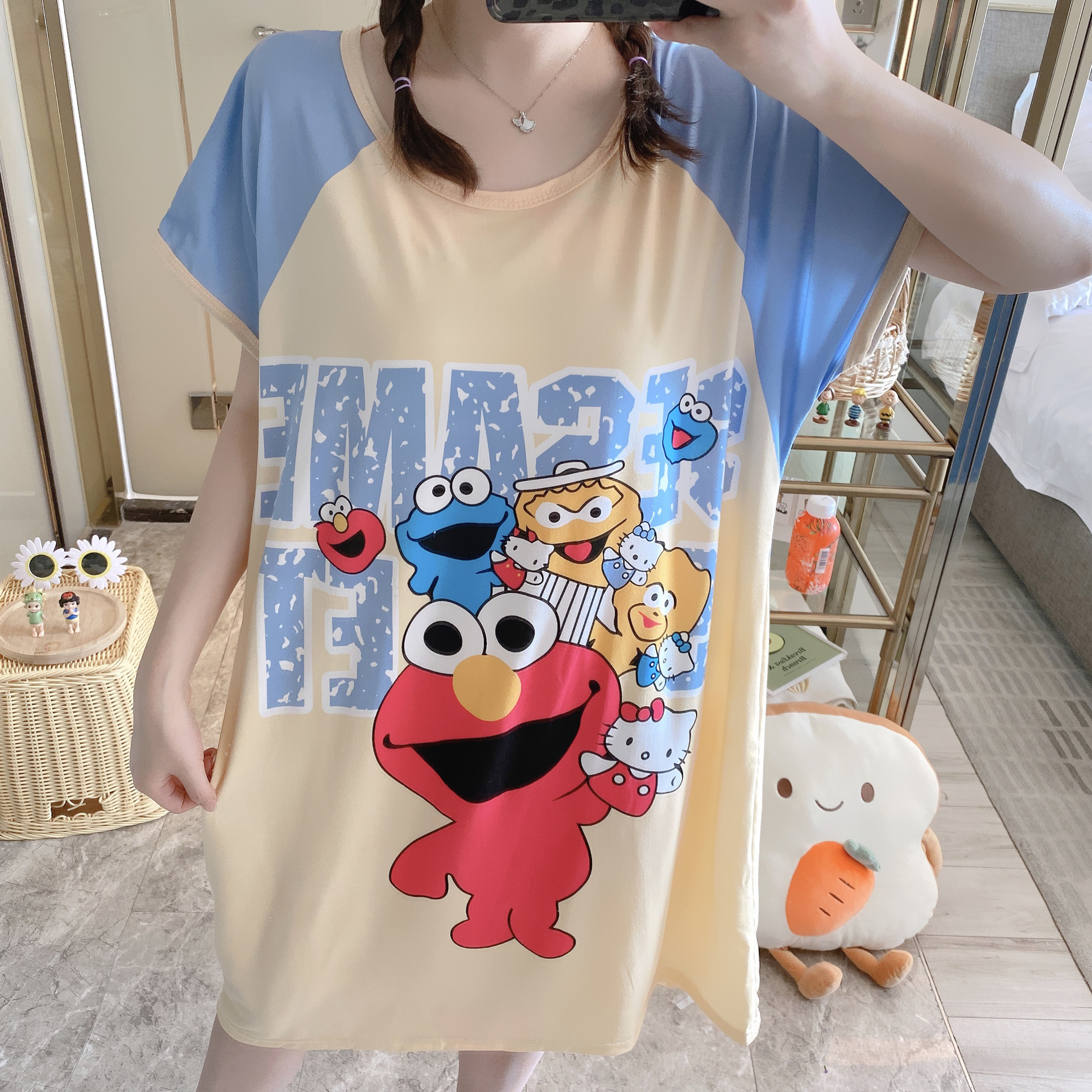 Sudeste asiático barato camisón flojo de las mujeres más tamaño Delgado verano dibujos animados manga corta pijamas inicio desgaste camisón puesto