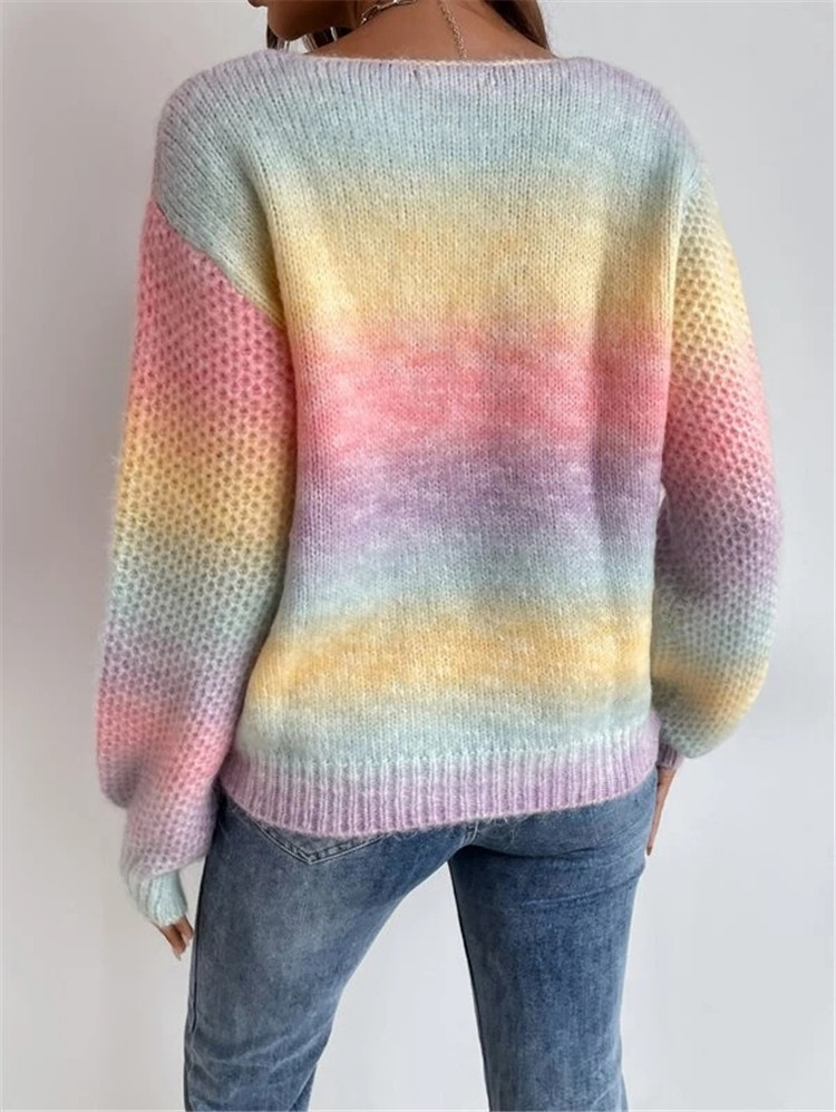 Sweater for women 2024 new irregular gradient rainbow V-neck mohair knit sweater_voghion.com