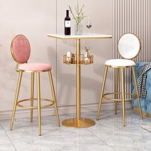 Home Bar Stool, Simple High-Legged Nordic Cashier High Stool, Gold Light Luxury with Reinforced Iron Backrest