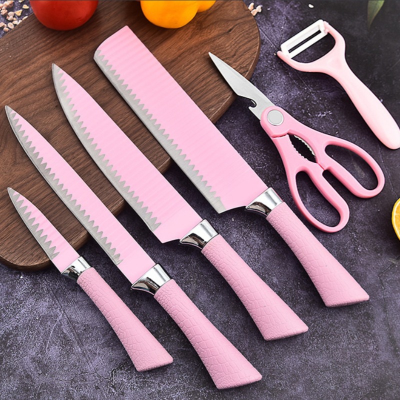 Fábrica transfronteriza mango de herradura Rosa patrón de onda cuchillo de seis piezas cuchillo de cocina de suministro directo cuchillo de pintura de acero inoxidable en stock al por mayor