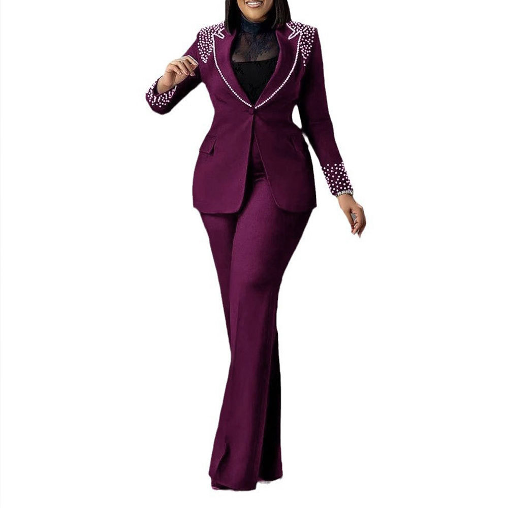 K3332 Women's European And American Style Pearl Embellished Slim Stretch Two Piece Suit Long Sleeved Regular Fit Summer Suit_ecoleips.com