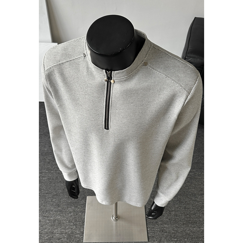 T-shirt a maniche lunghe da uomo in maglia waffle con mezza zip e patchwork destrutturato, vestibilità pulita, stile americano di tendenza, pesante, primavera._voghion.com