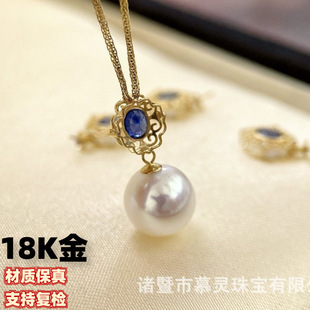 18K Gold Sapphire Pendant Natural Oval Sapphire Retro Lace Design Without Beads or Chain