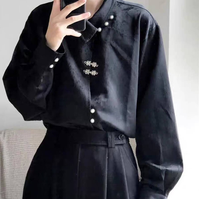New Chinese-style Metal Button-up Collar Long-sleeved Shirt Men's and Women's Satin Modified Hanfu Top with Horse Face Skirt New Chinese-style Metal Button-up Collar Long-sleeved Shirt Men's and Women's Satin Modified Hanfu Top with Horse Face Skirt