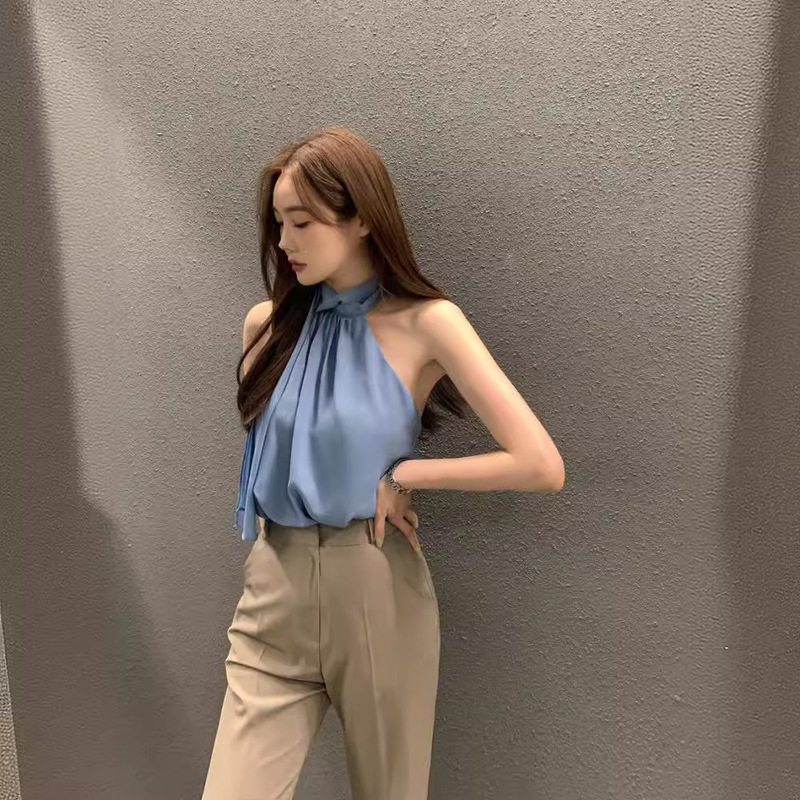 South Korea chic Summer Design Sense Niche Pure Desire Floating Neck Hanging Sexy Backless Satin Vest Western Style Shirt