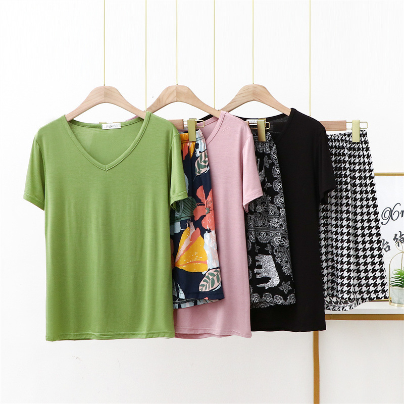Spring and Summer new modal solid color V-neck short sleeve + cotton printed shorts commuter fashion home outerwear two-piece set