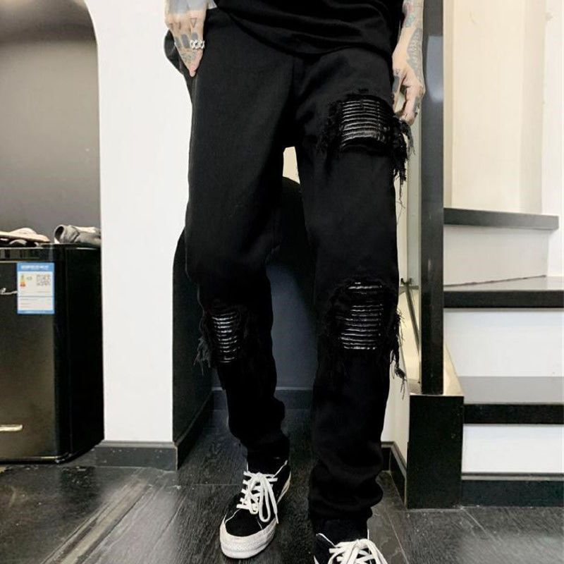 Trendy Brand Internet Celebrity Korean Style High Street Ripped Patch PU Leather Stitching Washed All-match Tall Slim-fit Jeans Pants Trendy Brand Internet Celebrity Korean Style High Street Ripped Patch PU Leather Stitching Washed All-match Tall Slim-fit Jeans Pants