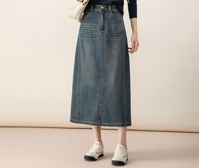 Váy denim chữ A lưng cao cổ điển xẻ tà dài vừa phải — màu xanh chi tiết 6