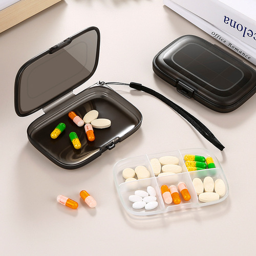Convenient large-capacity repackaged plastic pill box, portable moisture-proof sealed six-compartment mini pill storage box