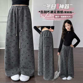 女童加绒裤子一体绒秋冬2025新款儿童阔腿裤女大童加厚猫咪糯米裤