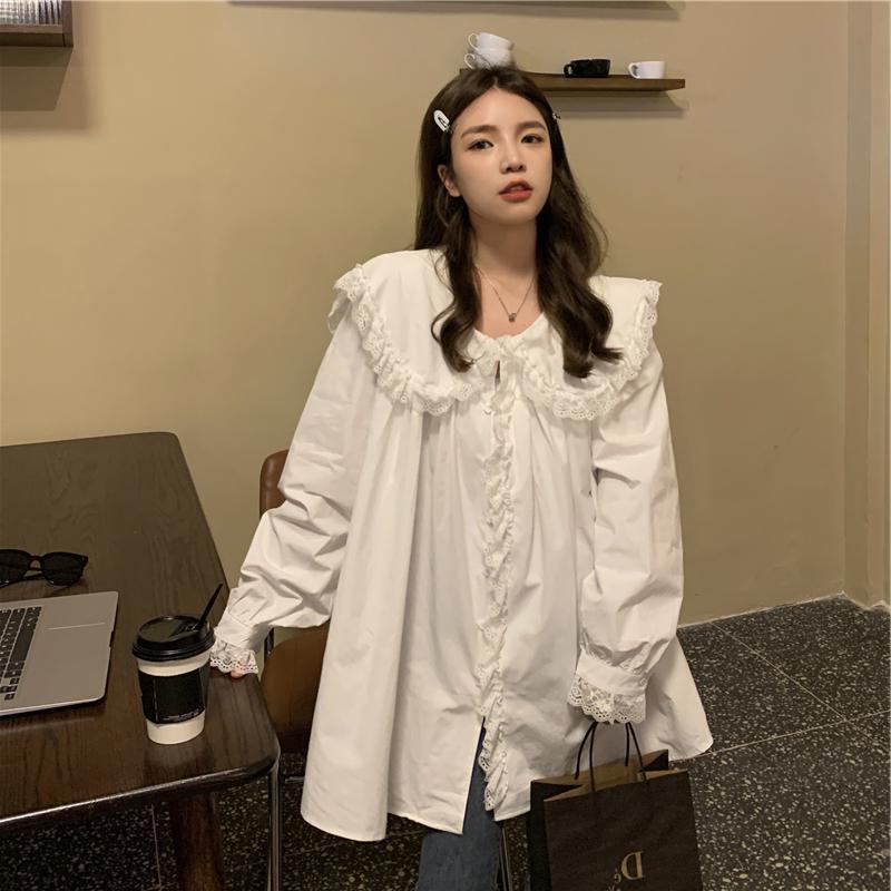 Design retro lace long-sleeved shirt loose plus size fat mm300 kg spring and autumn doll collar shirt women's clothing