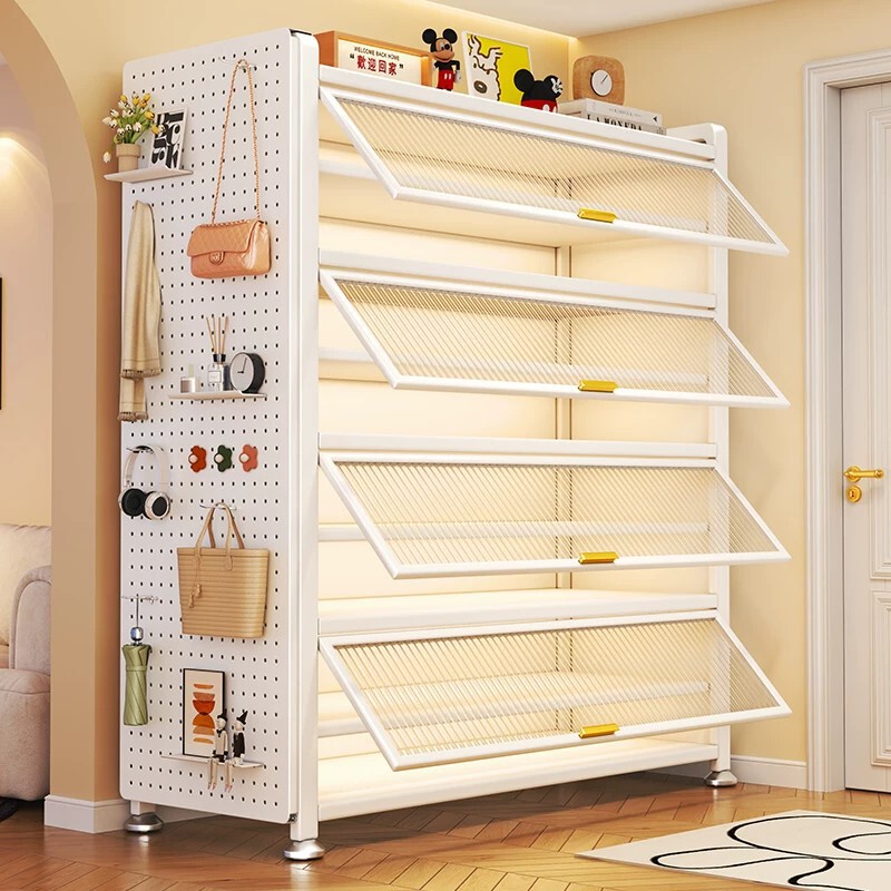 Household Steel Shoe Cabinet, Multi-Layer Dust-Proof Shoe Rack for Entryway, Large Capacity Storage with Flip-Up Door, Outdoor Shoe Cabinet